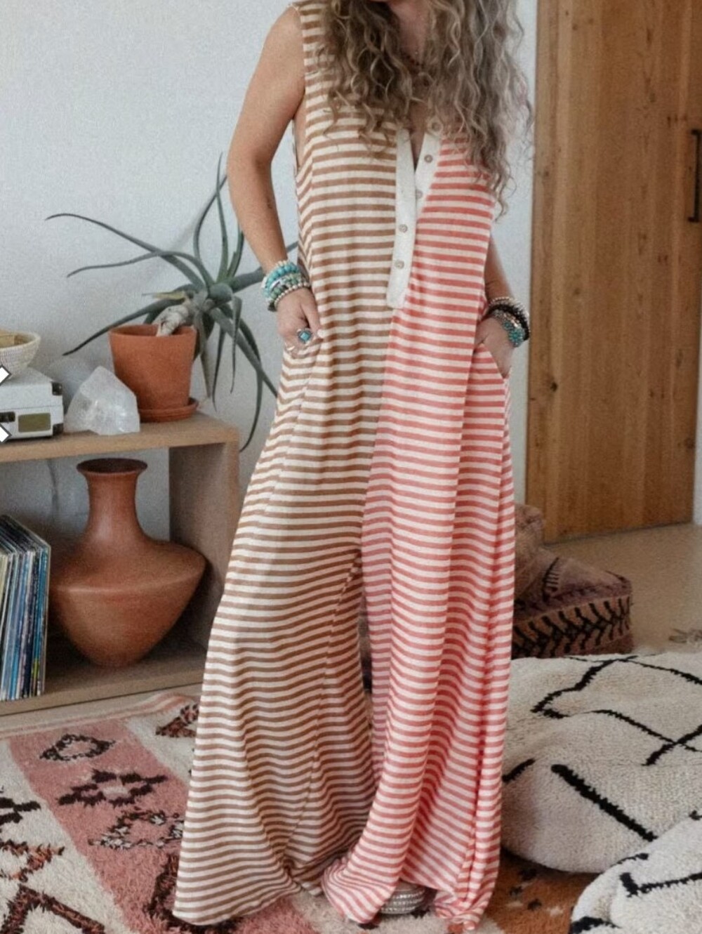 NWOT BUCKETLIST Three Bird Nest Daphne Striped Two-Tone Knit Jumpsuit Medium